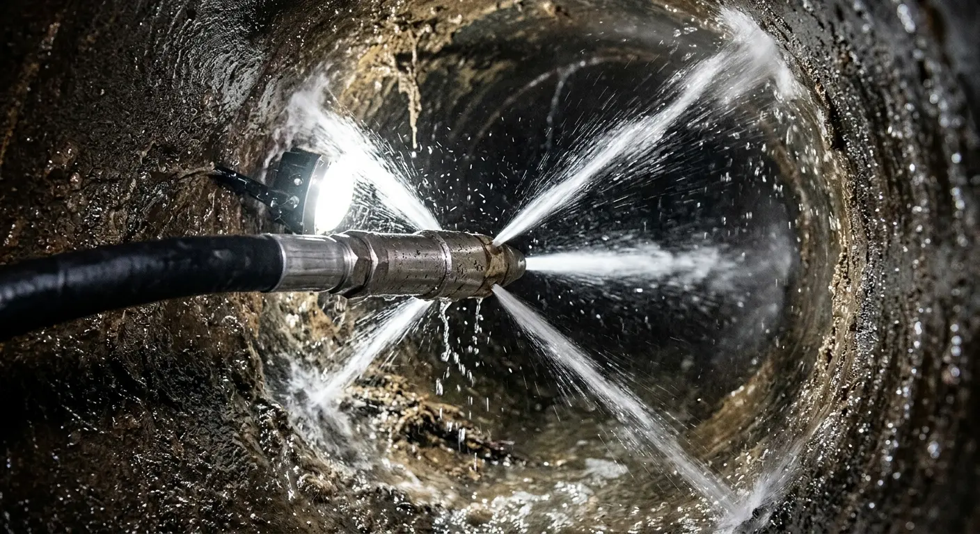 High-pressure hydro jetting nozzle cleaning sewer pipe for Trenchless Sewer Repair in Mount Washington