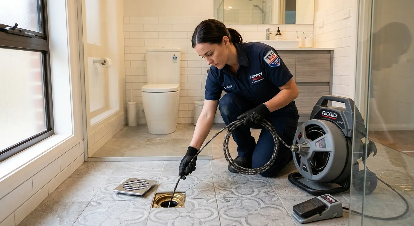 Technician clearing a bathroom floor drain for Drain Cleaning in Mount Washington